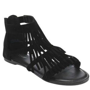Bamboo Black Suede Fringe Flat Sandals